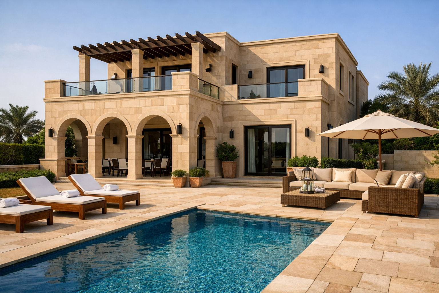 Luxury villa exterior built with Dholpur Beige Sandstone