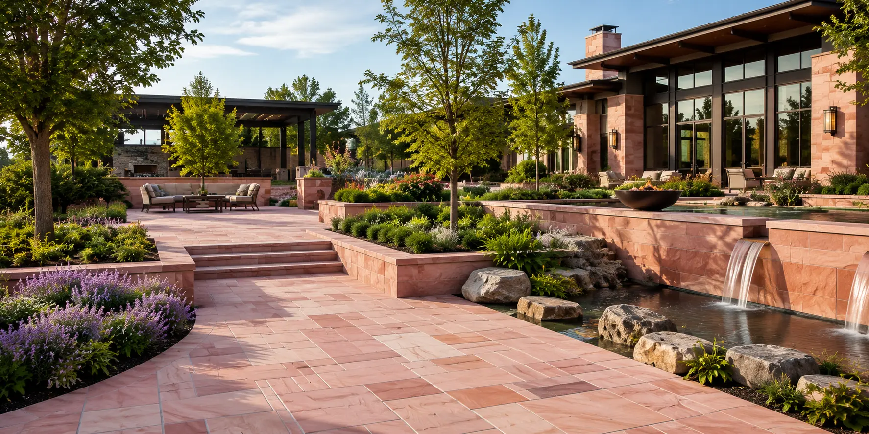 Bansi Paharpur Pink Sandstone for Luxury Landscape Architecture and Hospitality Projects in USA