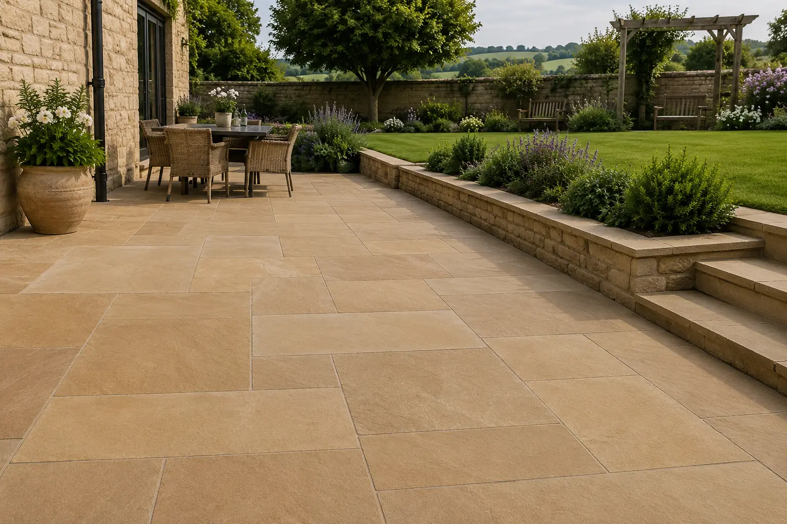 Dholpur Beige Sandstone Patio for UK Garden and Landscaping Projects