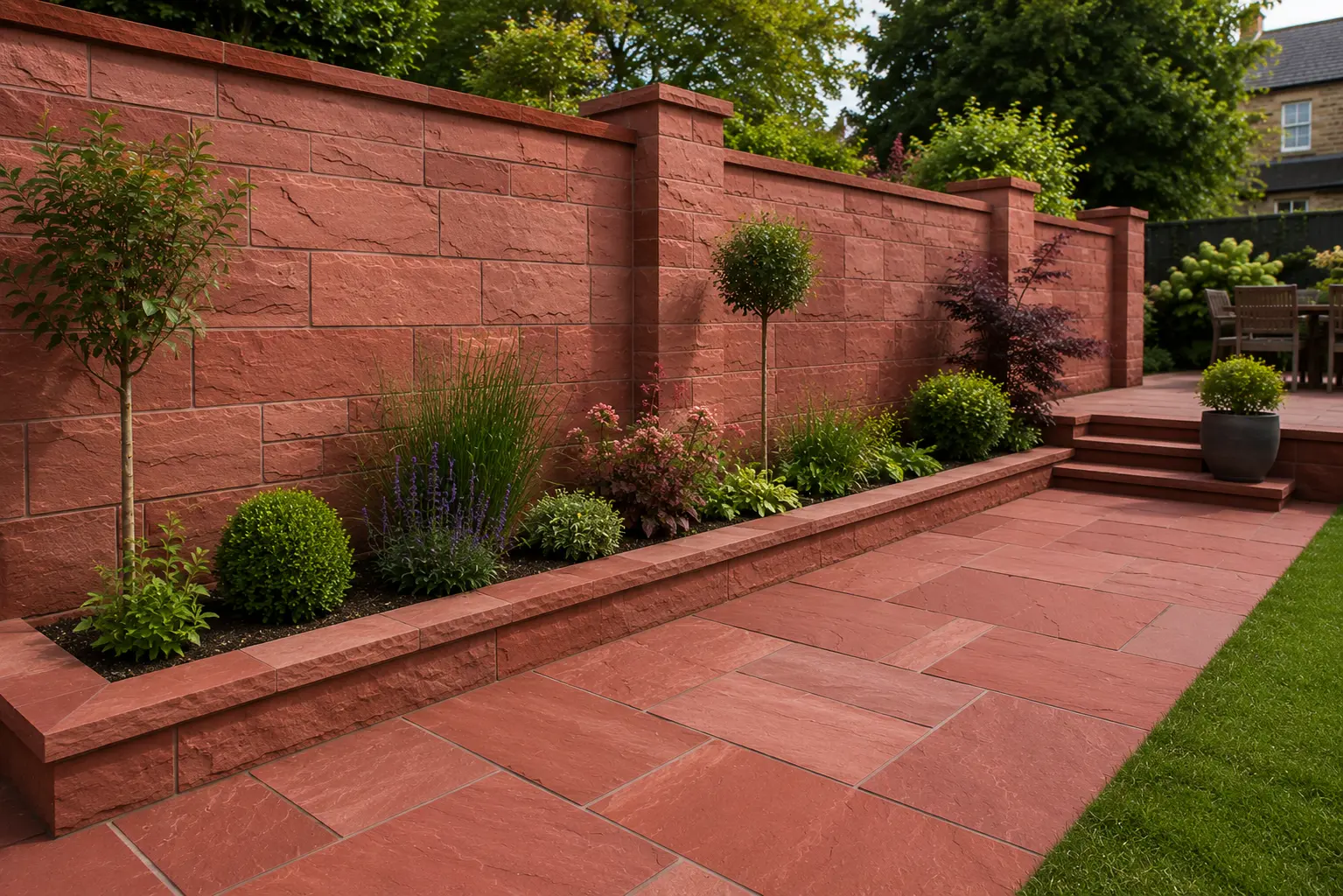 Dholpur Red Sandstone Garden Wall and Landscape Design for UK Outdoor Projects