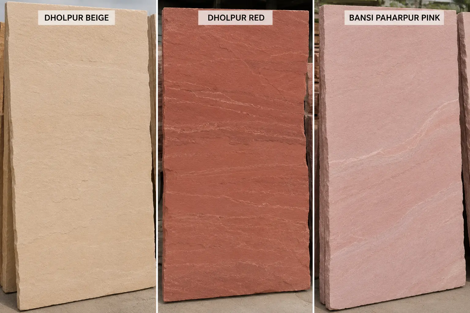 Dholpur Beige Sandstone Dholpur Red Sandstone and Bansi Paharpur Pink Sandstone products