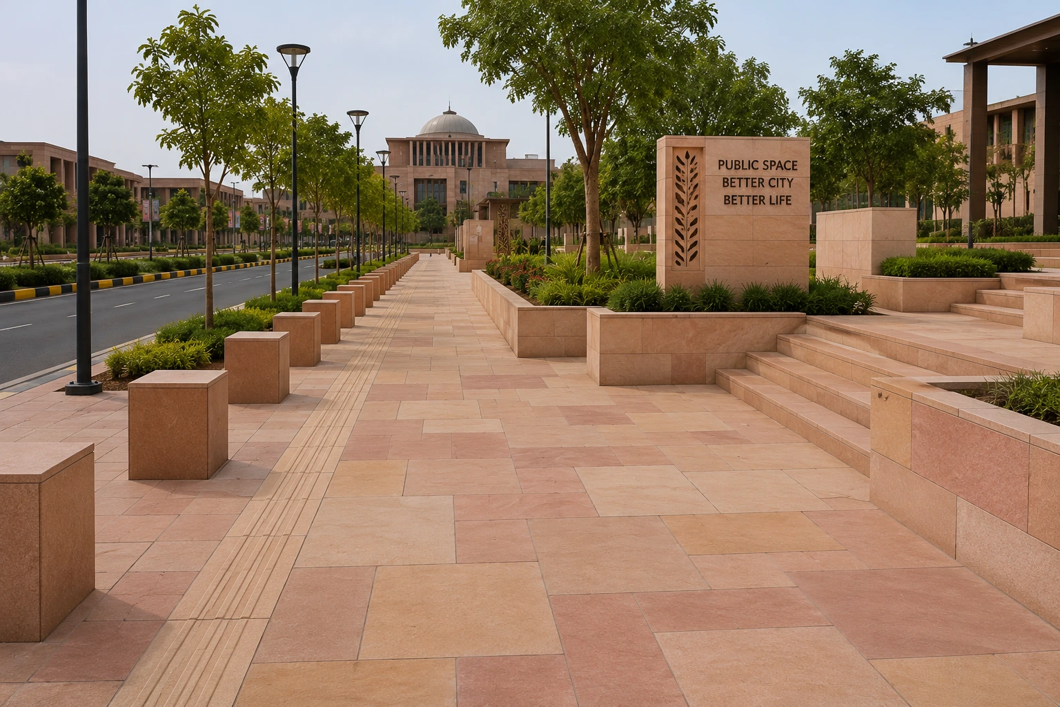 Public infrastructure using sandstone paving and cladding